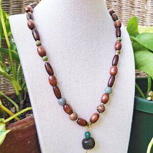 Wood, Jade & Unakite Necklace | Unique Bohemian Necklace | Long Hippie Necklace